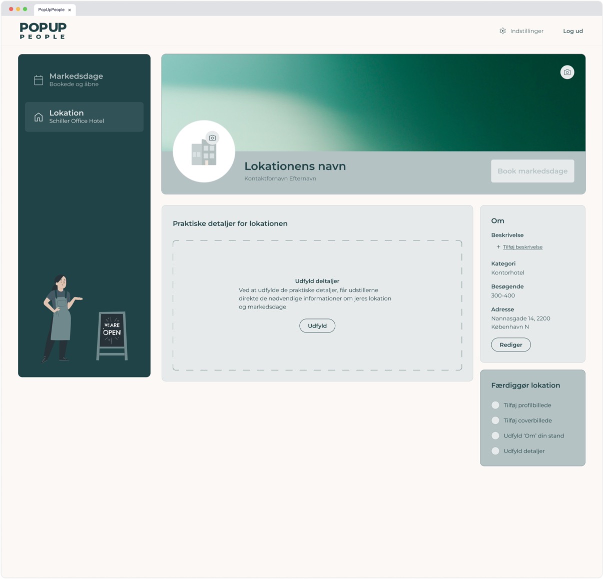 Location dashboard home showing placeholders for cover and profile images, business name, empty practical details section with an "Udfyld" button, and a completion checklist sidebar.